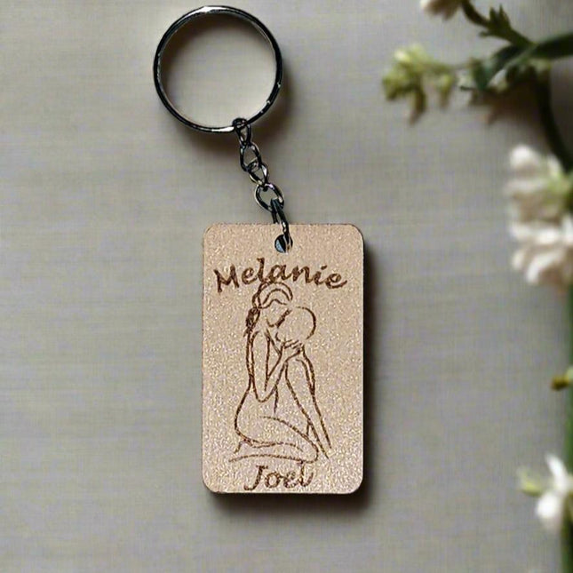 Personalised Couple's Wooden Keyring – Custom Names, 50x30mm