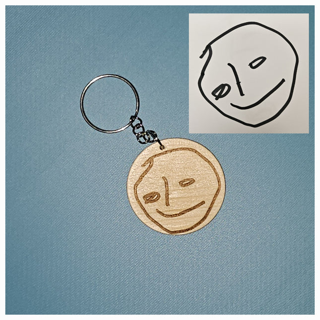 Personalised Kid's Artwork Keyring – Double-Sided Wood, 45mm