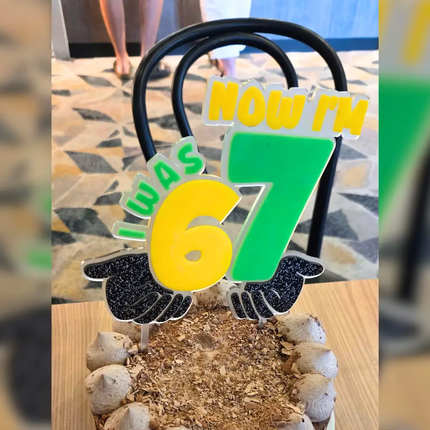 yellow and green cake toper that says i was 6 now i'm 7