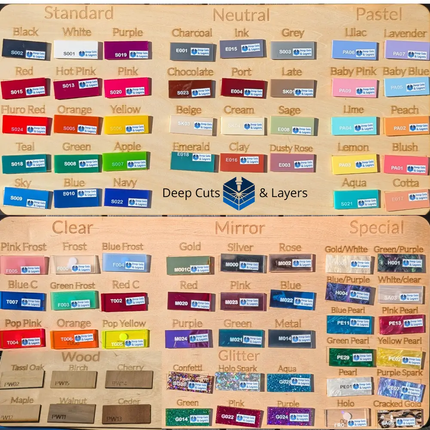 Color swatch chart with various color options from deep cuts and layers