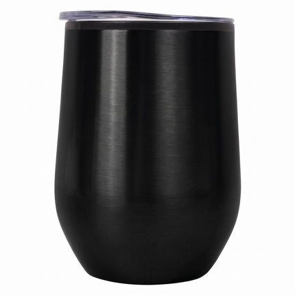 A black insulated stainless steel travel cup with no engraving