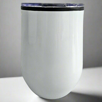 A white stainless steel travel mug with no engraving