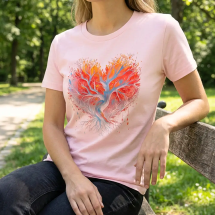 A woman wearing a light pink crewneck t-shirt with a colorful heart-shaped tree graphic in red, orange, and blue, sitting on a wooden bench in a park.