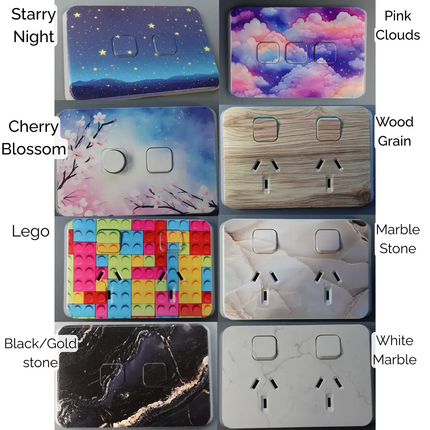 A 3x4 grid showing nine decorative double light switch plates with different textured and printed designs, labeled with names like Starry Night, Pink Clouds, Cherry Blossom, Wood Grain, Lego, Marble, Black/Gold stone, and White Marble.