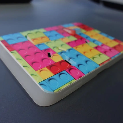 Close up of clipsal iconic coverplate UV printed with Lego design