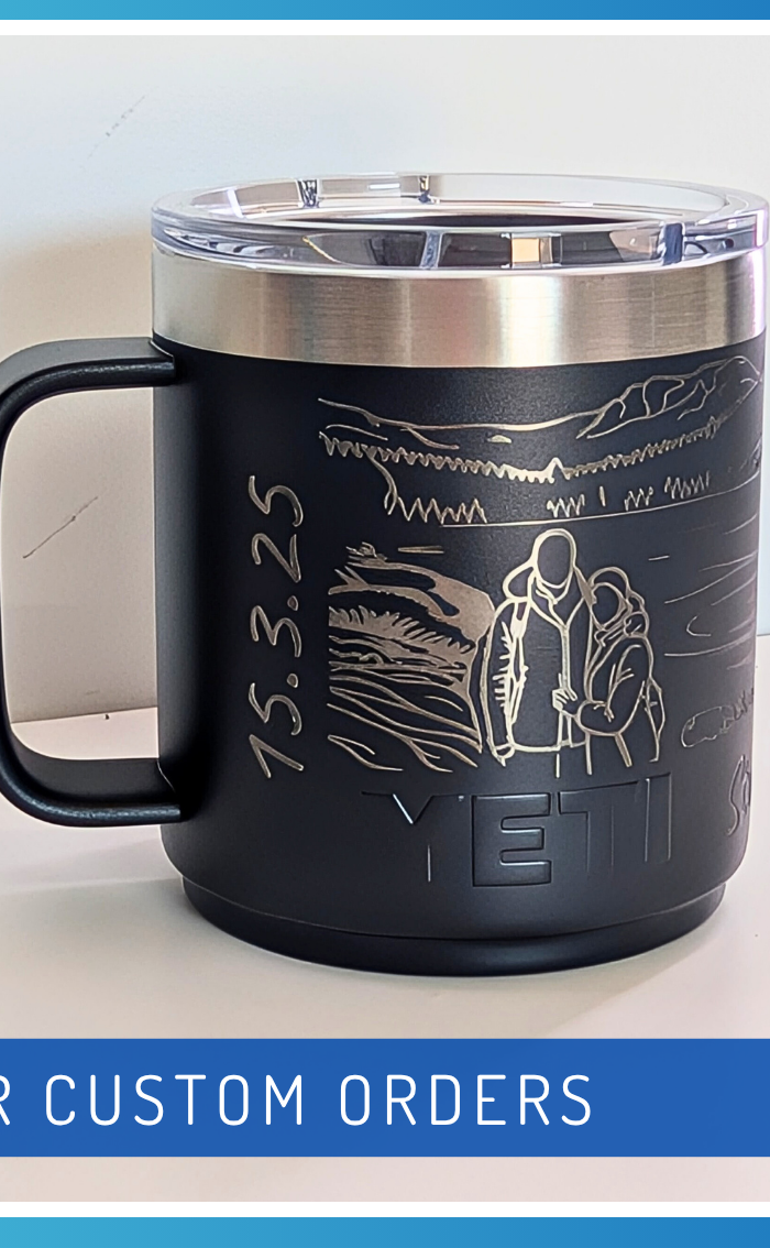 Collage of a pink lamp, black mug with engraved design, and coasters with engraved faces on a blue background.