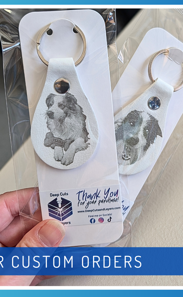 Collage of personalized items including a wolf design, bottle openers, and a Yeti cup with text.