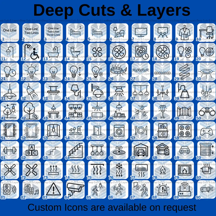 Collection of custom icons on a blue background with text 'Deep Cuts & Layers' and 'Custom Icons are available on request'.