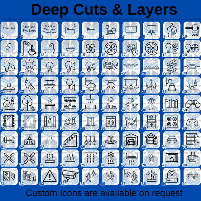 Collection of custom icons on a blue background with text 'Deep Cuts & Layers' and 'Custom Icons are available on request'.