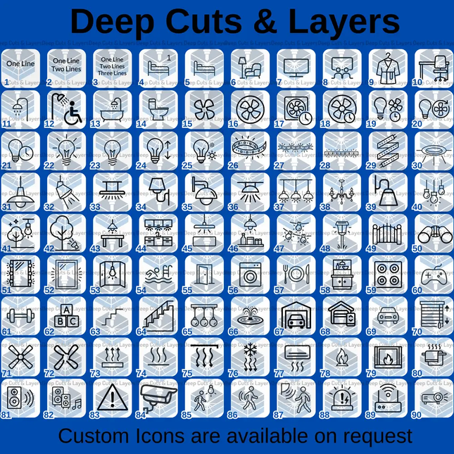 Collection of custom icons on a blue background with text 'Deep Cuts & Layers' and 'Custom Icons are available on request'.