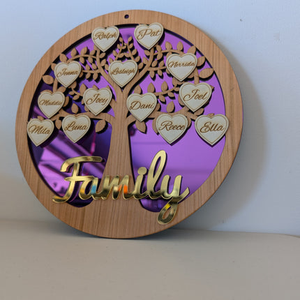 Personalised layered family tree wall art made from timber and mirrored acrylic with engraved name hearts