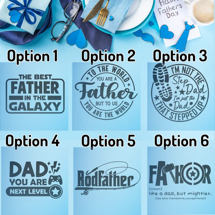 Six Father's Day graphic design options arranged in a 2x3 grid on a light blue background, with decorative Father's Day themed props at the top.Text labels each option from Option 1 to Option 6.