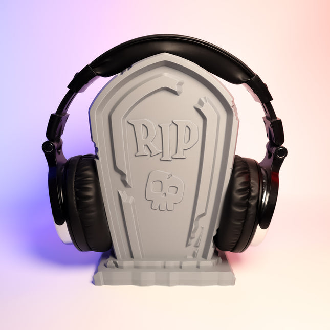Front veiw of a 3d printed tombstone headphone holder