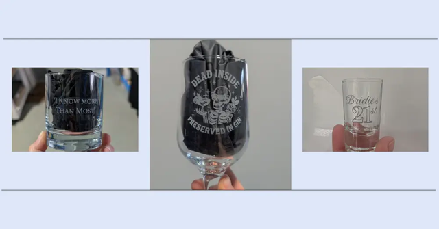 3 glasses with engravings on them
