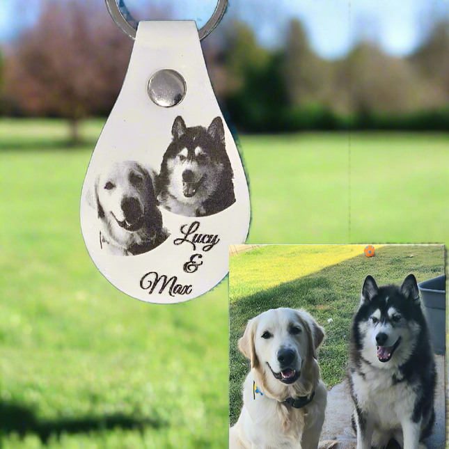 A photo of 2 dogs name dlucy and mak and another image of the photo engraved onto a PU leather keychain