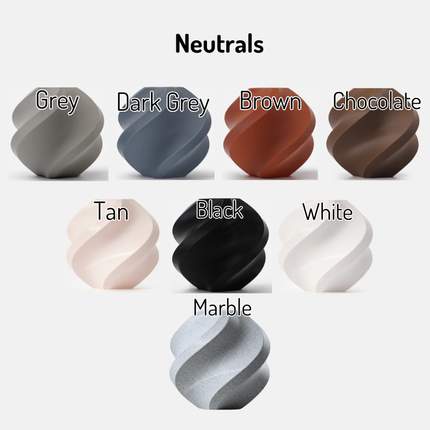 A color options graphic showing seven neutral shades labeled Grey, Dark Grey, Brown, Chocolate, Tan, Black, and White, arranged in two rows on a light gray background.