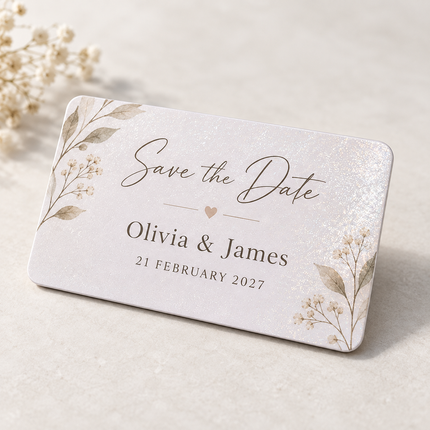 A rectangular 'Save the Date' card with a subtle silver glitter background, featuring elegant black script text and delicate beige floral illustrations in the corners. The card is displayed on a light beige textured surface with dried white flowers in the background.
