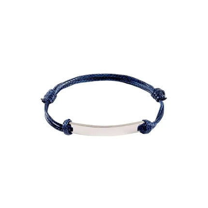 Navy blue braided bracelet with a silver ID tag on a white background
