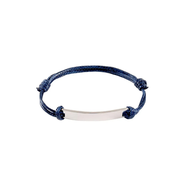 Navy blue braided bracelet with a silver tag on a white background