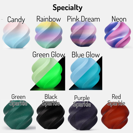 A product color options chart titled 'Specialty' showing multiple swirled color samples labeled Candy, Rainbow, Pink Dream, Neon, Green Glow, Blue Glow, Green Sparkle, Black Sparkle, Purple Sparkle, and Red Sparkle on a light gray background.