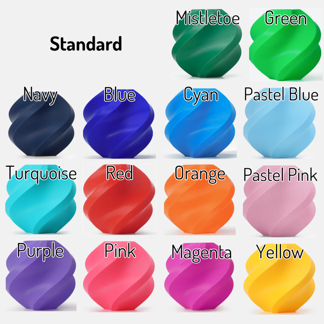 A color chart showing multiple labeled color options for a swirled oval product, arranged in rows on a light gray background. Labels include Mistletoe, Green, Navy, Blue, Cyan, Pastel Blue, Turquoise, Red, Orange, Pastel Pink, Purple, Pink, Magenta, and Yellow.