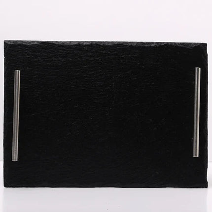 A black rectangular slate serving tray with two vertical silver metal handles, shown on a clean white background.