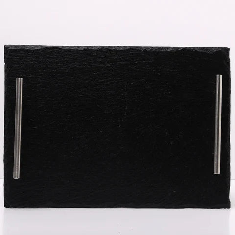 A black rectangular slate serving tray with two vertical silver metal handles, shown on a clean white background.