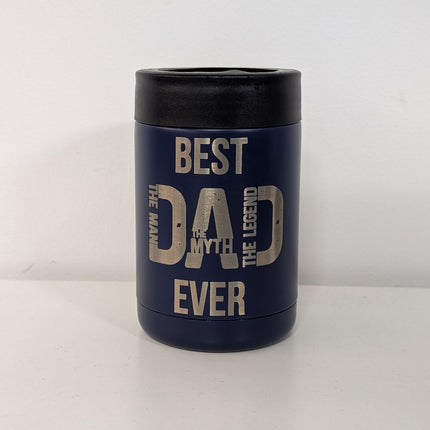 Navy blue stubby Holder with 'Best Dad Ever' text on a white background