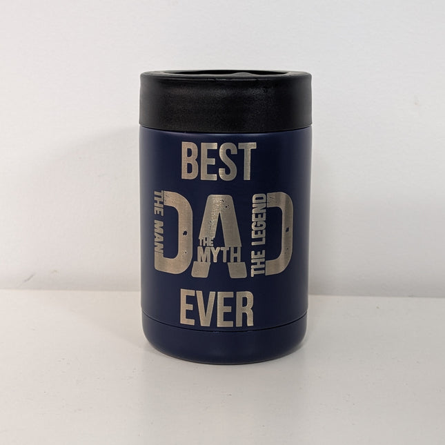 Navy blue stubby Holder with 'Best Dad Ever' text on a white background
