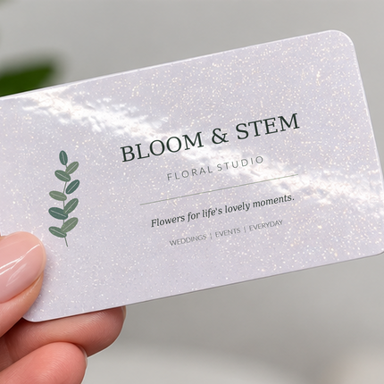 A hand with manicured nails holds a rectangular white glitter business card for 'Bloom & Stem Floral Studio' against a soft-focus background of green leaves and a light gray wall.