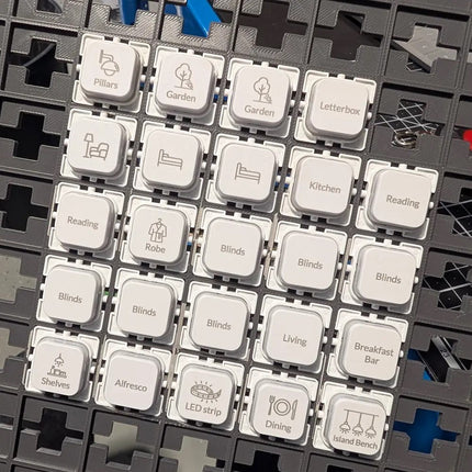 clipsal iconic push buttons engraved with a mix of pictograms and text
