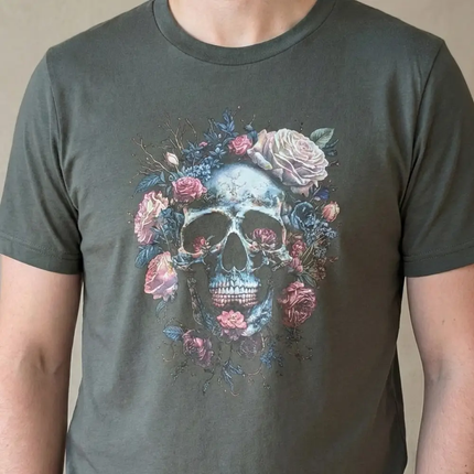 A person wearing a dark gray crewneck t-shirt with a detailed graphic of a blue-toned skull surrounded by pink and blue roses.
