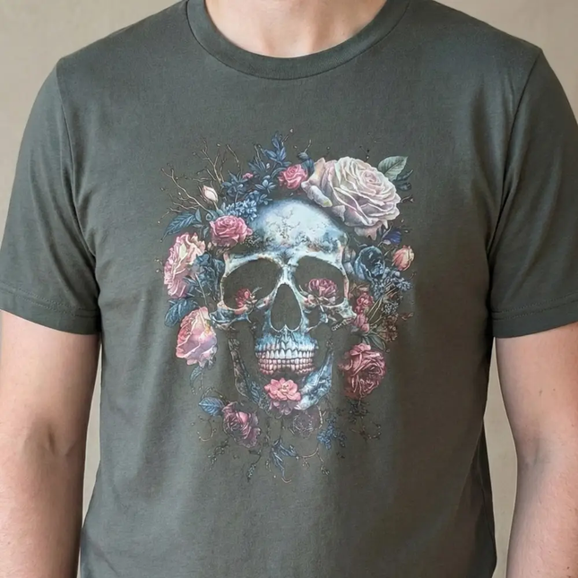 A person wearing a dark gray crewneck t-shirt with a detailed graphic of a blue-toned skull surrounded by pink and blue roses.